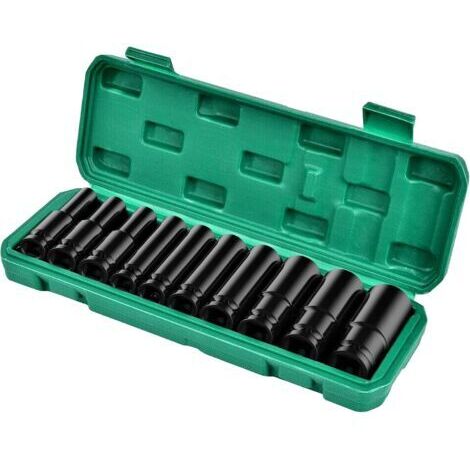 Jeu de douilles profondes à impact 1/2" 10 pièces 10-24 mm en acier Cr-Mo à entraînement fiable et durable pour les tâches de réparation professionnelles de bricolage avec étui de transport
