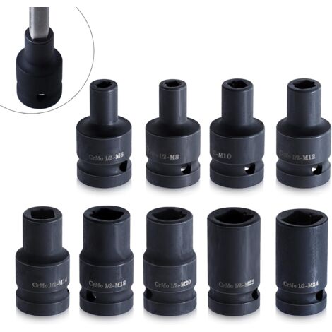 Jeu de Douilles Robinet 9 Pièces, Carrées à Entraînement 1/2 Pouce, pour clé électrique, Pneumatique, Main, Acier au Molybdène Cr, Accessoires D'outils -