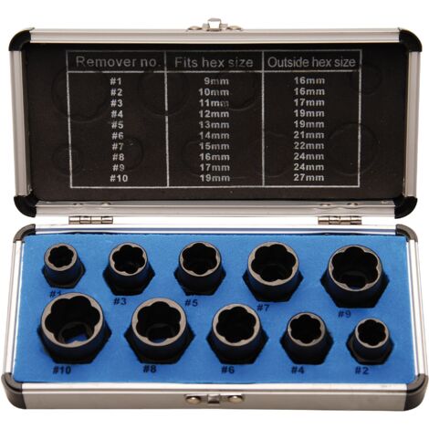 Jeu de douilles spiralées/extracteur de vis  10 mm (3/8")  profil hélicoïdal 9-19 mm  10 pièces