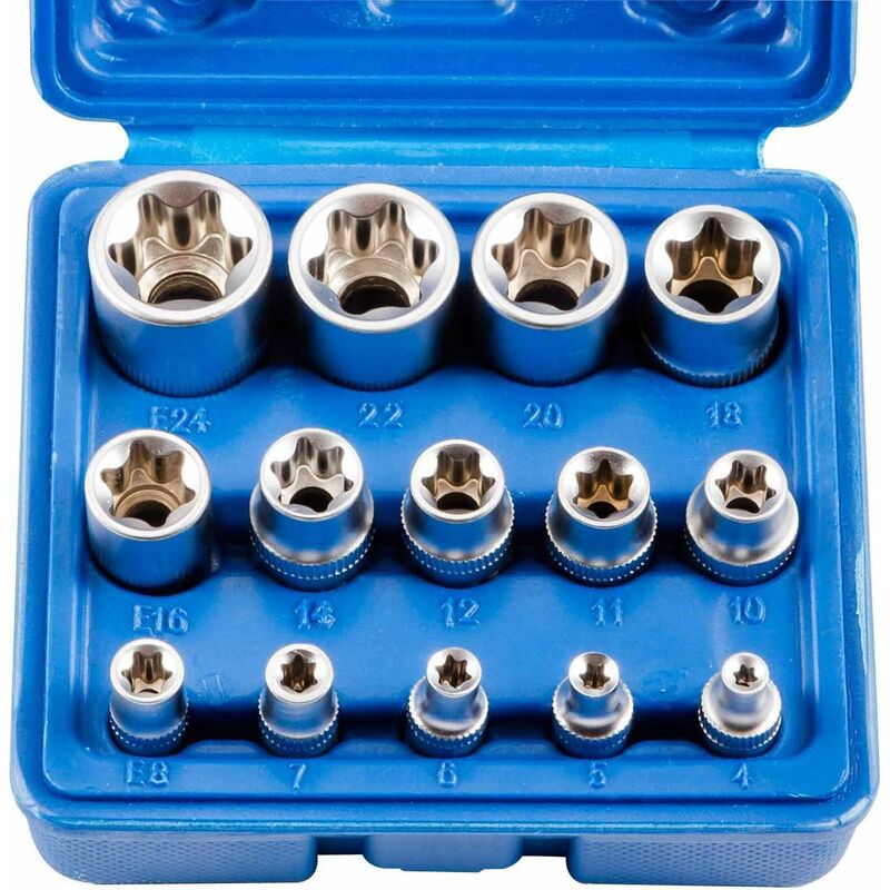 Lot de 14 douilles femelles E-Torx Star, 1/4, 3/8, 1/2', ensemble de douilles étoile externes femelles E4-E24 avec étui bleue