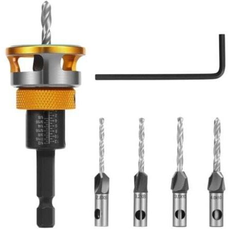 JALLERIA Jeu de Forets à Chanfreiner, Foret Bois Fraise avec Butée de Profondeur Réglable en Aluminium avec Tige Hexagonale 1/4", en HSS-M2, Foret à Tête Fraisée pour le Travail du Bois