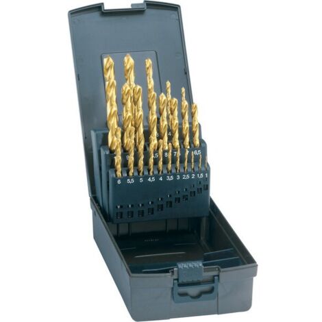 Jeu de forets hélicoïdaux, coffret plastique, acier à coupe rapide, type N, DIN 338, revêtement TiN, Ø h8 : 1,00-10,00 mm, Nombre de forets 19 pièces