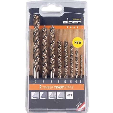 Jeu de forets hélicoïdaux en bois TIMBER TWIST, 8 pièces : 1x diamètre 3,4,5,10 mm, 2x diamètre 6,8 mm