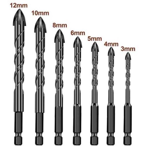 Jeu de forets multi-usages en carbure de tungstène pour porcelaine, céramique, miroirs, béton, 7 pièces de 3 à 12 mm