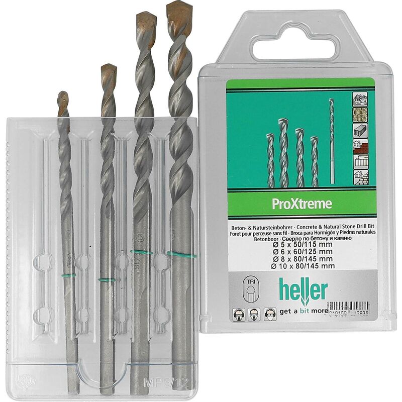 ProXtreme 28263 5 carbure de tungstène Jeu de forets pour béton 4 pièces 5 mm, 6 mm, 8 mm, 10 mm manche triangulaire 1 set Y428201 - Heller