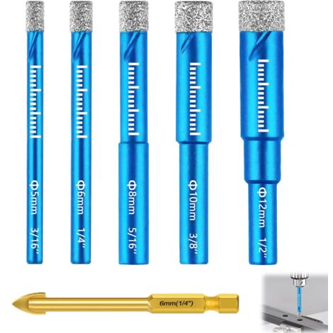 Jeu de Forets pour Carrelage, Foret Diamant Percer Gres avec 5,6,8,10,12 mm, Meche Metal pour Carrelage de 6mm, Foret Mèches Céramique pour Verre, Granit Marbre Quartz Matériaux Durs