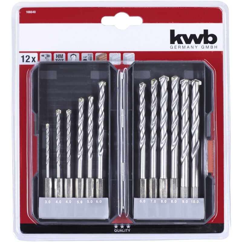 KWB - 108840 acier à métaux Jeu de forets spiralés pour pierre 12 pièces 4 mm, 5 mm, 6 mm, 8 mm, 10 mm, 3 mm, 9 mm 1/4 (