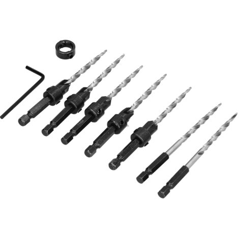 Jeu de fraises à chanfreiner ajustables pour bois, embout hexagonal 1/4", avec clé de serrage, diamètre 11/64".