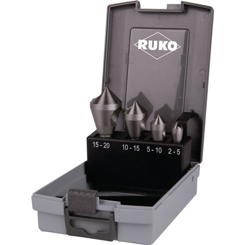 Ruko - Jeu de fraises coniques à chanfreiner et à ébavurer avec trou transversal 4 pces HSSE-Co 5 en cassette plastique - 102312ERO