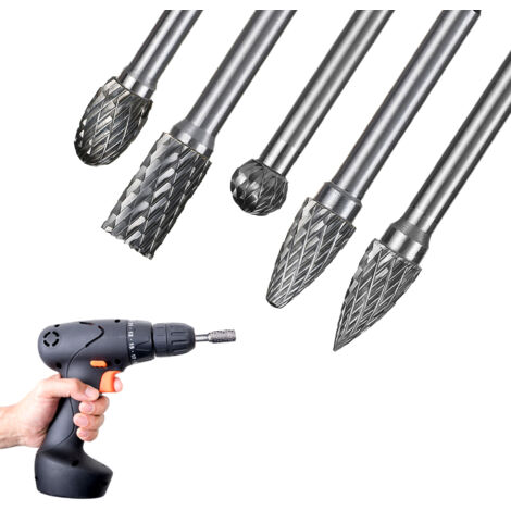 Jeu de fraises carbure 6mm 5 pièces XL avec base en bois Embouts pour meuleuse Dégraisseur rotatif Lime à râper pour soudures métalliques Béton Pierre Bois Plastique Sculpture Découpe Nettoyage Meulag