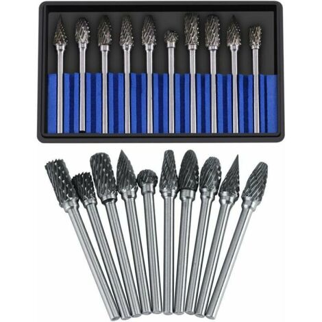 Jeu de Fraises en carbure fichiers rotatifs Acier au tungstène 10pcs diamètre tête Coupe pour Fraise 3mm Tige 6mm la perceuse à découper découpage métal Polissage Gravure perçage(Double Cut)
