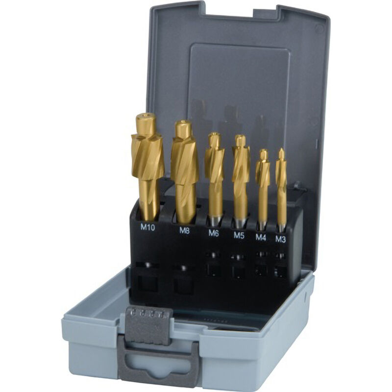 RUKO Jeu de fraises plates à chanfreiner 6 pces DIN 373 HSS-TiN M 3 - M 10 pour trou taraudé en cassette plastique ABS - 102452TRO