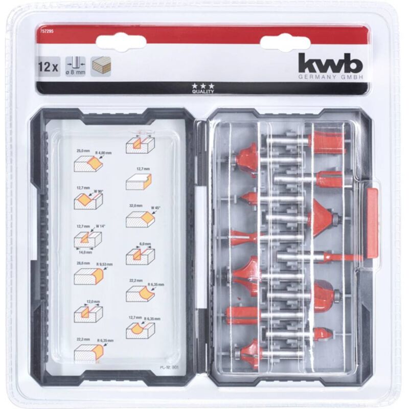 757295 Jeu de fraises pour défonceuse Carbure de tungstène Diamètre de tige 8 mm 12 pièces - KWB