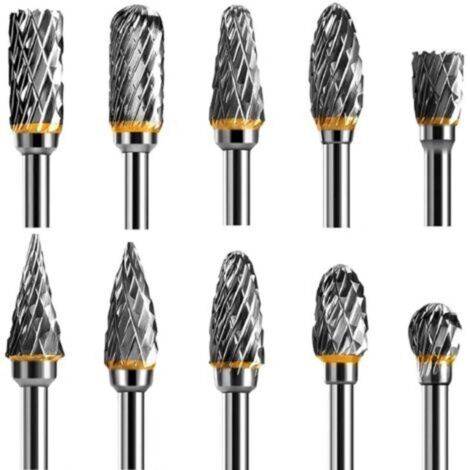 Jeu de Fraises Rotatives Acier Carbure de Tungstène Double Tranchant pour Outil rotatif, 10 pièces Tige 1/8” pour Bricolage, Sculpture sur bois, Polissage métaux, Gravure, Perçage