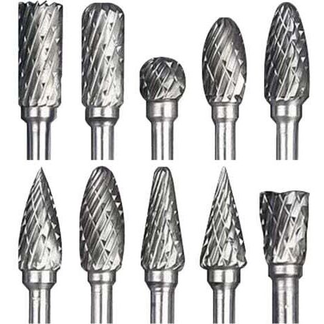 Jeu de Fraises Rotatives Acier Carbure de Tungstène Double Tranchant pour Outil rotatif,  , 10 pièces Tige 1/8” pour Bricolage, Sculpture sur bois, Polissage métaux, Gravure, Perçage