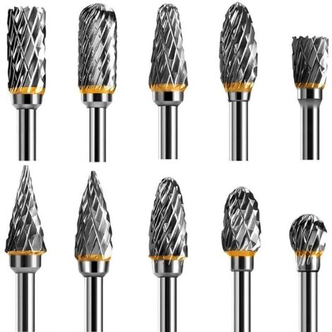 Jeu de Fraises Rotatives Acier Carbure de Tungstène Double Tranchant pour Outil rotatif,Lot de 10 outils rotatifs à tige de 1/8 po pour gravure sur bois, polissage des métaux, sculpture et perçage