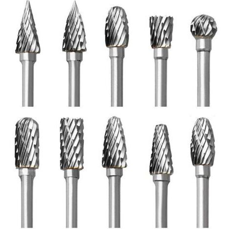 Jeu de Fraises Rotatives en Carbure, 10 pièces Double Coupe Fraises pour Dremel Accessoires avec Tige Sculpture sur bois, Perçage, Gravure, Polissage de Métal