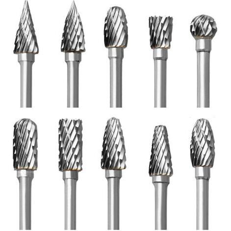 Jeu de Fraises Rotatives en Carbure, 10 pièces Double Coupe Fraises pour Dremel Accessoires avec Tige Sculpture sur bois, Perçage, Gravure, Polissage de Métal