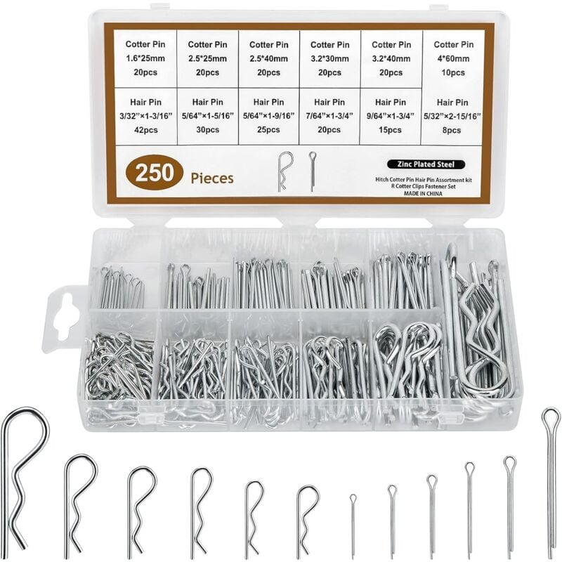 Jeu de Goupilles Fendues 250 Pièces, Goupille Fendue, Différentes Goupille en r Galvanisé Cotter Pin Ressorts de Montage Pour Voitures, Mécaniciens,