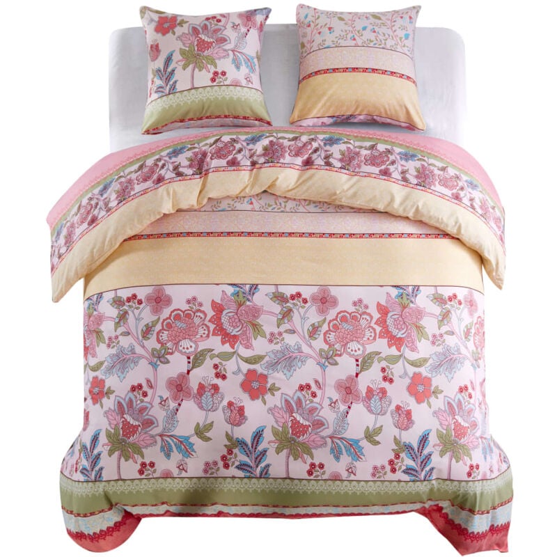 Vidaxl - Parure de lit avec housse de couette motif floral/rayé rose