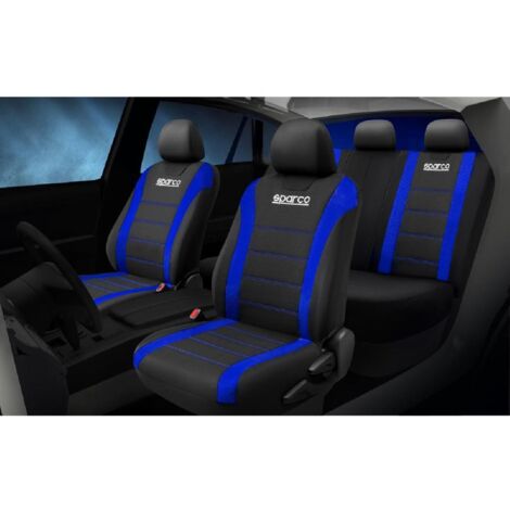 JEU DE HOUSSES COMPLET SPARCO NOIR AVEC BANDES BLEUES (LOGO AV SEULEM