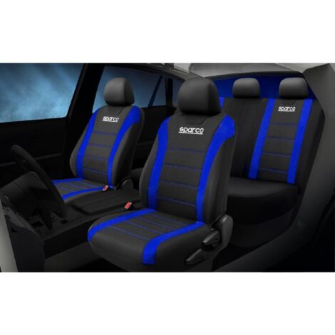 JEU DE HOUSSES COMPLET SPARCO NOIR AVEC BANDES BLEUES (LOGO AV SEULEM