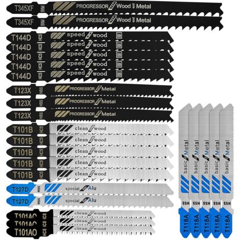 jeu de lames de scie sauteuse, 25 pieces lames de scie sauteuse à queue en t, lame de scie à métaux à haute teneur en carbone, 7 modèles, pour couper du bois, du plastique et du métal fin