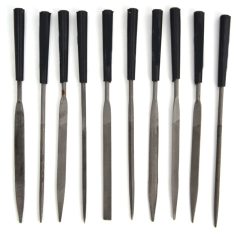 Jeu de limes à aiguilles en acier carbone pour bijoux, idéal pour lissage de métal, dimensions 3x140mm, finition lisse et précise.