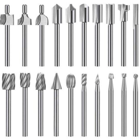 Jeu de Mèches de Gravure Haute Dureté, 10pcs Mèches de Gravure en Carbure HSS & 10pcs Mèches de Toupie Tige 1/8"(3mm) pour Outils Rotatifs pour Bricolage en bois, Mèches de Toupie en bois, Sculpture,