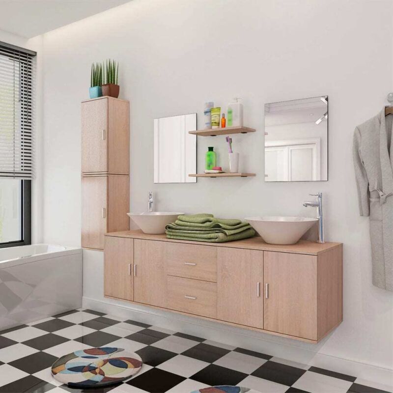 Vidaxl – Ensemble de meubles de salle de bain 11 pcs – Lavabo en céramique 420mm – Mitigeur chromé avec cartouche céramique – Armoire et miroir beige