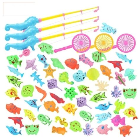 Jeu de pêche magnétique pour enfants, jouet de bain avec canne à pêche, épuisette et poissons flottants en plastique, motif animaux marins colorés, idéal pour les tout-petits de 3 à 6 ans.