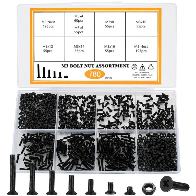 Jeu de petites vis à tête fraisée Phillips trempée noire, jeu de 780 pièces M3M4
