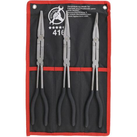 Jeu de pinces à bec longues double articulation – Pour espaces exigus – Poignées en thermoplastique noir – Longueur 340 mm et 335 mm