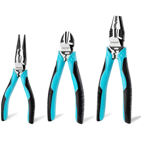 Jeu de pinces en acier au carbone 3 pièces – Pince à bec long 160 mm – Pince coupante 160 mm – Pince universelle 200 mm pour travaux professionnels – Duratech