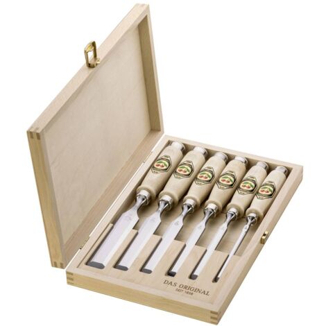 Jeu de ciseaux à bois 6 pièces – Acier à outils spécial – Manche en hêtre blanc – Largeurs de lame 6 à 26 mm – Coffret en bois – Kirsche - D632541