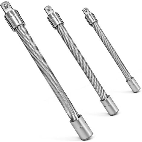 Jeu de rallonges flexibles pour douilles, 3 pièces, entraînements 1/2", 3/8", 1/4", rallonges métalliques avec tiges flexibles, jeu d'outils à main (argenté)