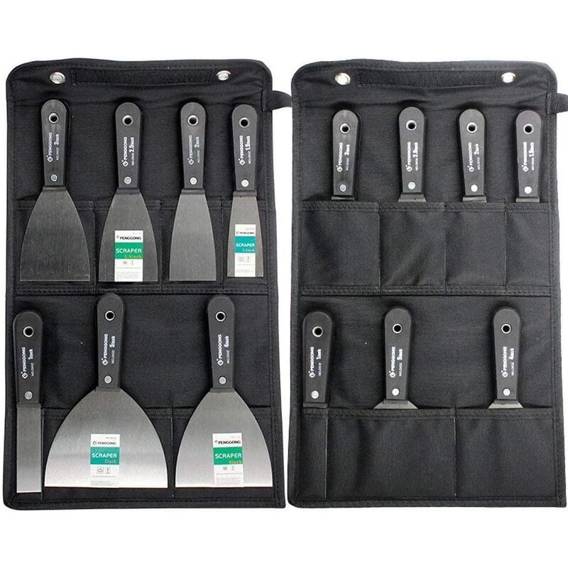 Jeu de Spatules couteau à enduire Ensemble de 7 couteaux à gratter et à mastic, manche en plastique antidérapant avec un sac à outils de rangement