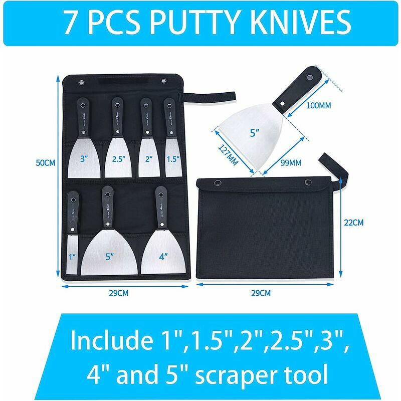 Jeu de Spatules couteau à enduire Ensemble de 7 couteaux à gratter et à mastic, manche en plastique antidérapant avec un sac à outils de rangement