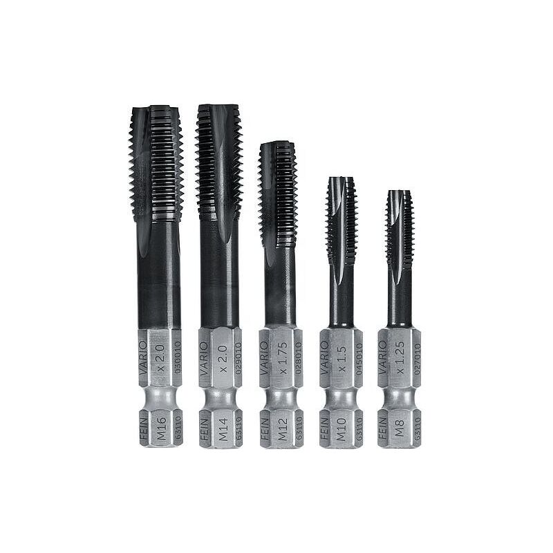 Fein - Jeu de tarauds M8/M10/M12/M14/M16, avec queue d'embout vario