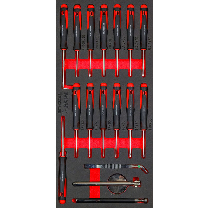 Jeu de tournevis de précision inspection automobile Plat- ph- tx 17 pièces module en mousse pour servante d'atelier Mw Tools MWSC17MI