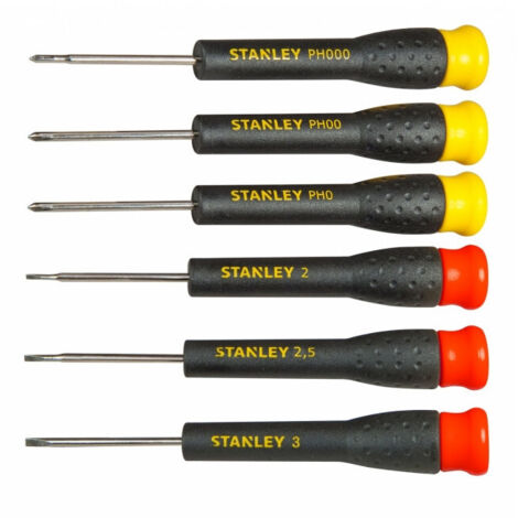 Stanley – Jeu de 6 tournevis de précision – Embouts plat et cruciforme pour vis PH000/PH00/PH0 – Lames en acier chrome vanadium – Poignée ergonomique