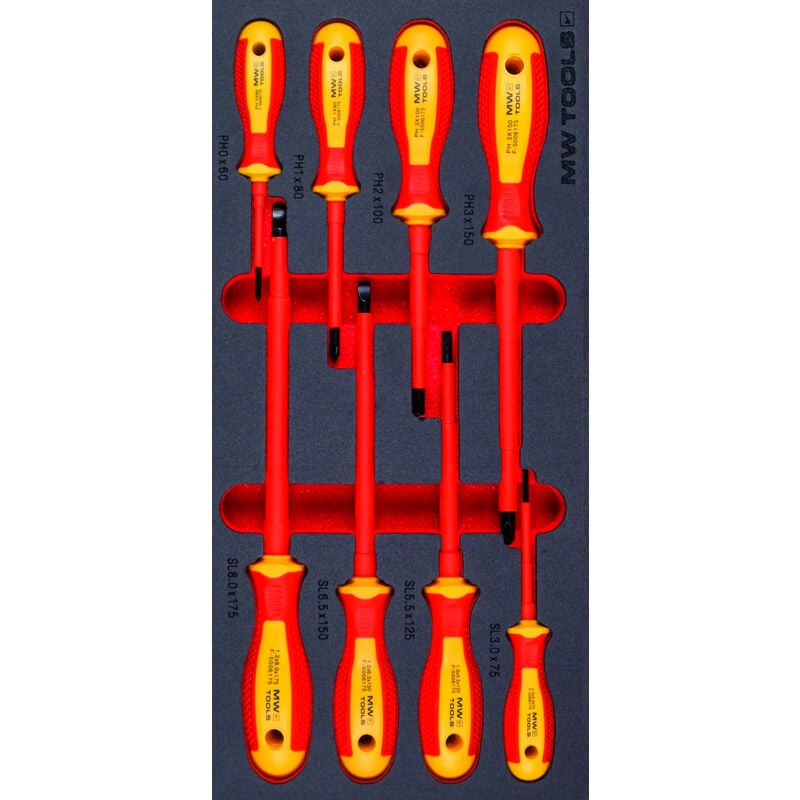 Jeu de tournevis isolés Plats et ph ev véhicules électriques 8 pièces module en mousse pour servante d'atelier Mw Tools MWESC8FLPH