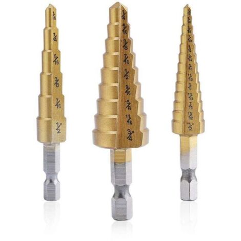 Jeu de trois forets à fraiser en acier rapide revêtus de titane, adaptés au perçage et à la découpe de tôles, disponibles en différentes tailles, idéaux pour les bricoleurs.