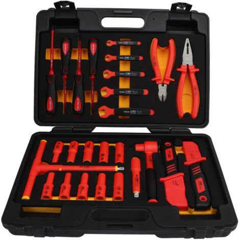 Jeu d'embouts à cliquet à douille isolée 1000V, Kit d'outils d'entretien de véhicule à entraînement 3/8 pouces pour système de freinage électrique du moteur, 26 pièces