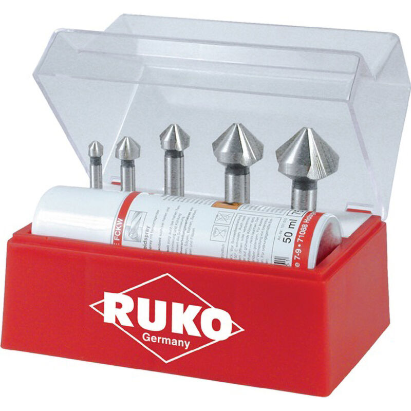 Ruko - Jeu de fraises coniques à chanfreiner et à ébavurer 6 pces din 335 forme c 90° HSSE-Co 5 ø 6,3 - 25 mm + pâte de coupe 50 ml en cassette