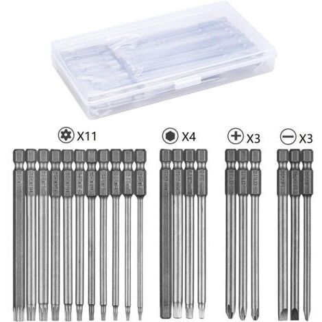 Jeu d'embouts de tournevis 21 pièces, embout de 100 mm de long, T6-T40, 6 pans 3-6 mm, Phillips PH2, fente 4-6 mm, tige hexagonale 1/4\