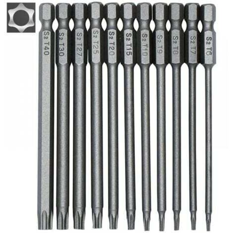 Jeu d'embouts de tournevis longs 11 pièces - embouts magnétiques - tige hexagonale 1/4" - tailles T6 à T40 - longueur 100 mm