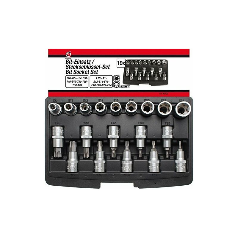 Kraftmann 95100 embouts/de douilles torx/profil e, argent, 1/2'', set de 19 pièces