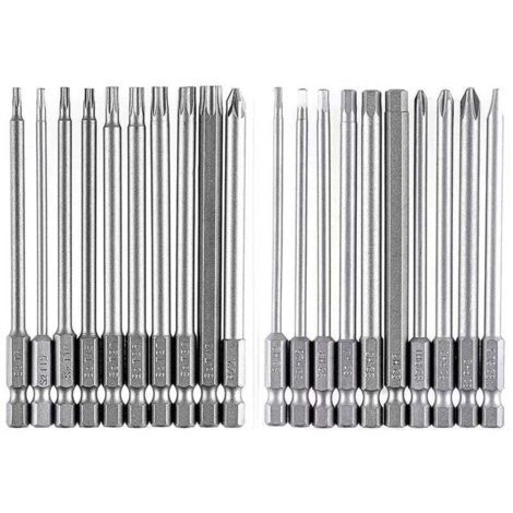 Jeu d'embouts longs, magnétiques, 20 pièces, 100 mm, Torx T8-T40, Hex H2-H6, PH1 PH2, PZ2, embout fendu, hexagone 1/4 po