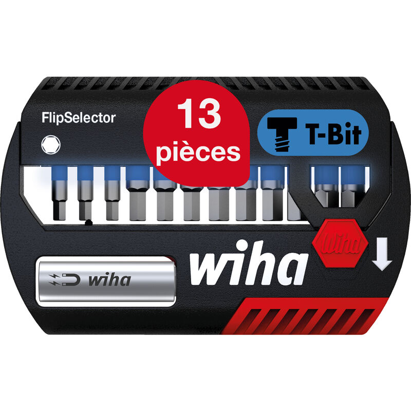 Wiha - Jeu d'embouts FlipSelector 13 pièces i Embout t 25 mm, Six pans 1/4' C6,3 i Porte embout magnétique i Adapté aux visseuses à impact & à
